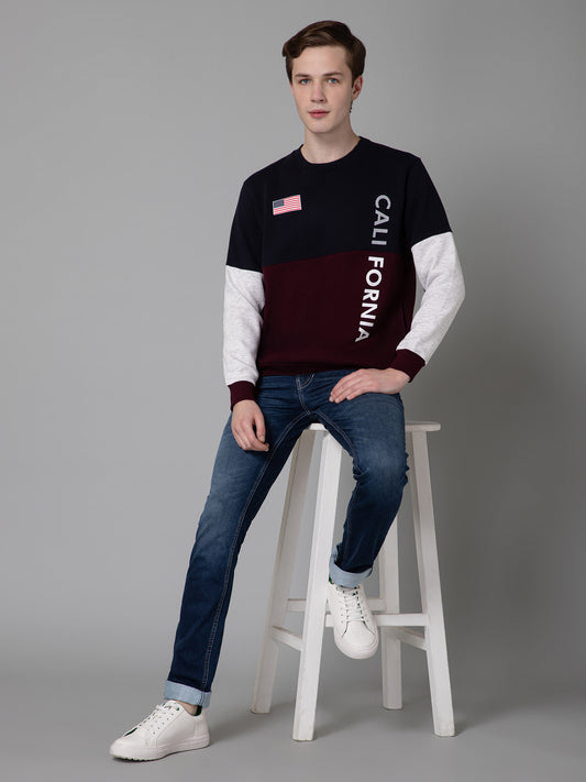 Color Blocked Wine Full Sleeves Rounded Neck Regular Fit Casual Sweatshirt for Men