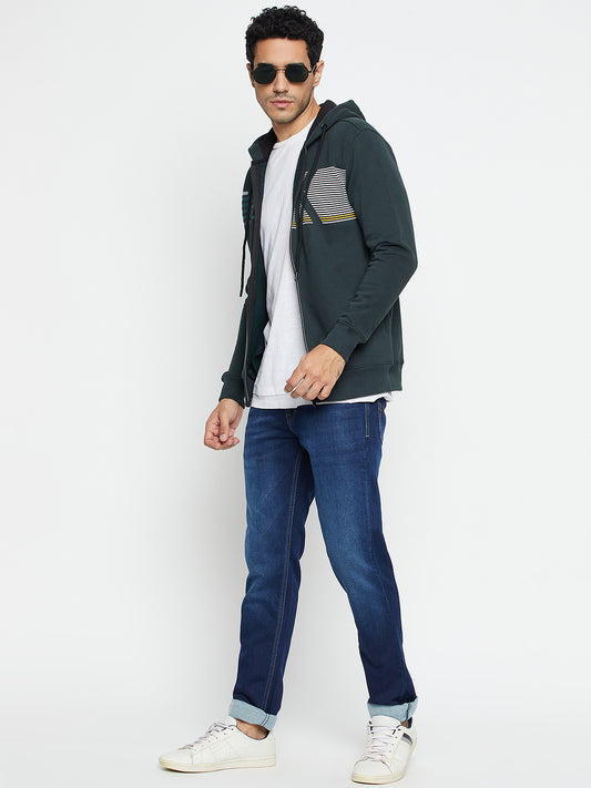 Typography Printed Green Full Sleeves Hooded Neck Regular Fit Casual Sweatshirt for Men