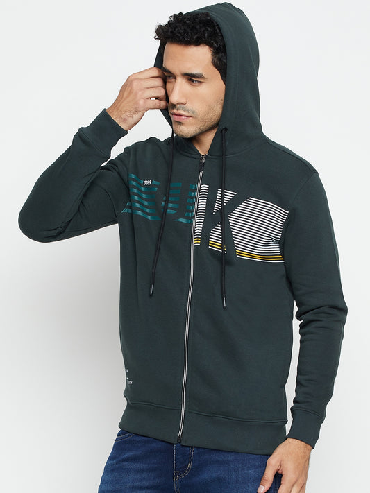 Typography Printed Green Full Sleeves Hooded Neck Regular Fit Casual Sweatshirt for Men
