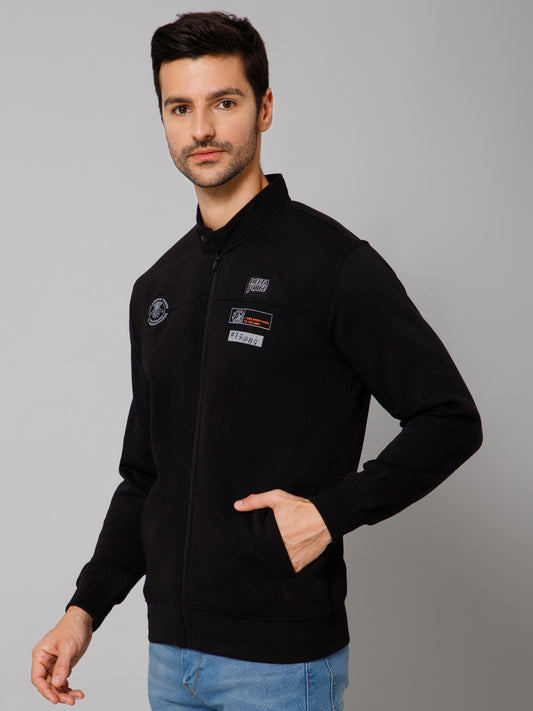 Solid Black Full Sleeves Band Collar Regular Fit Casual Sweatshirt for Men