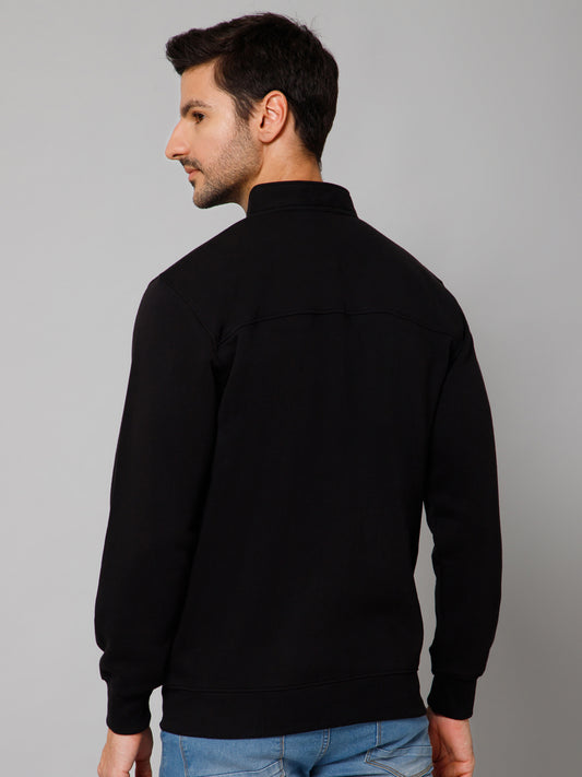 Solid Black Full Sleeves Band Collar Regular Fit Casual Sweatshirt for Men