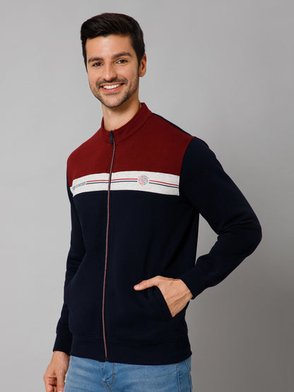 Color Block Navy Blue Full Sleeves Band Collar Regular Fit Casual Sweatshirt for Men