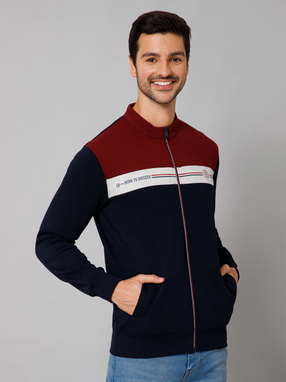 Color Block Navy Blue Full Sleeves Band Collar Regular Fit Casual Sweatshirt for Men