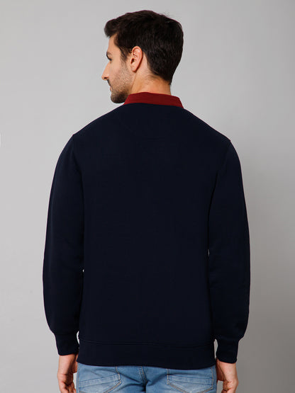 Color Block Navy Blue Full Sleeves Band Collar Regular Fit Casual Sweatshirt for Men