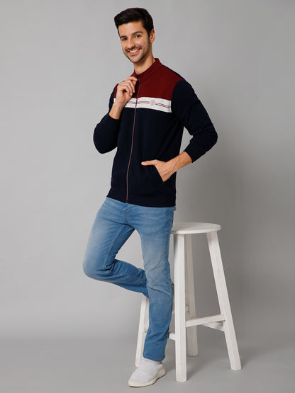 Color Block Navy Blue Full Sleeves Band Collar Regular Fit Casual Sweatshirt for Men