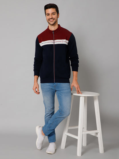 Color Block Navy Blue Full Sleeves Band Collar Regular Fit Casual Sweatshirt for Men