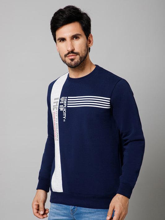 Printed Blue Full Sleeves Round Neck Regular Fit Casual Sweatshirt For Men