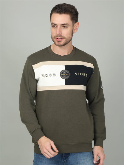 Men's Olive Colorblock Round Neck Sweatshirt