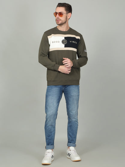 Men's Olive Colorblock Round Neck Sweatshirt
