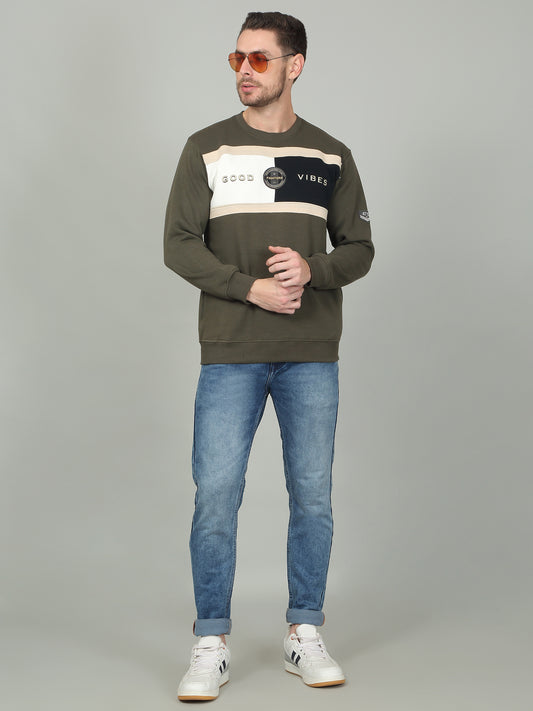 Men's Olive Colorblock Round Neck Sweatshirt