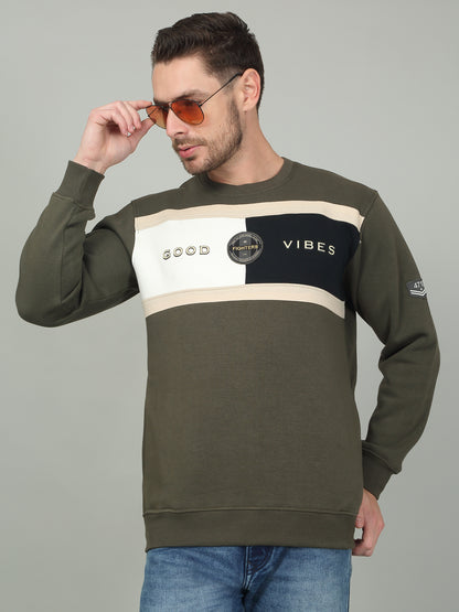 Men's Olive Colorblock Round Neck Sweatshirt