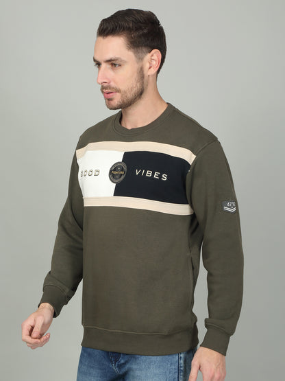 Men's Olive Colorblock Round Neck Sweatshirt