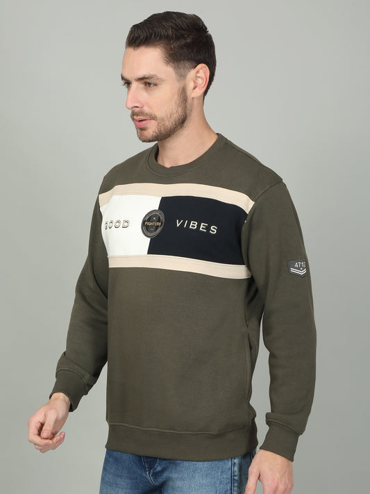 Men's Olive Colorblock Round Neck Sweatshirt