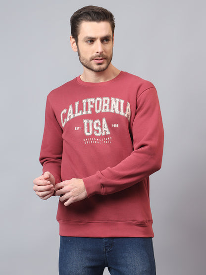 Men's Wine Printed Round Neck Sweatshirt