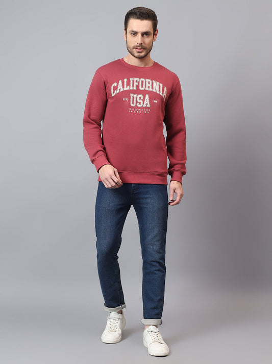 Men's Wine Printed Round Neck Sweatshirt