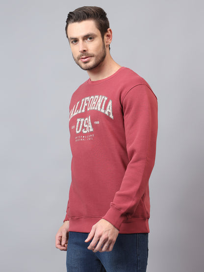 Men's Wine Printed Round Neck Sweatshirt