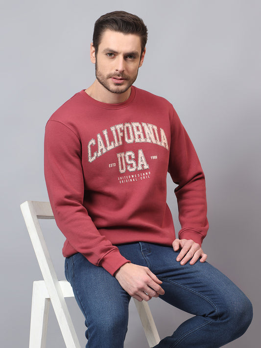 Men's Wine Printed Round Neck Sweatshirt