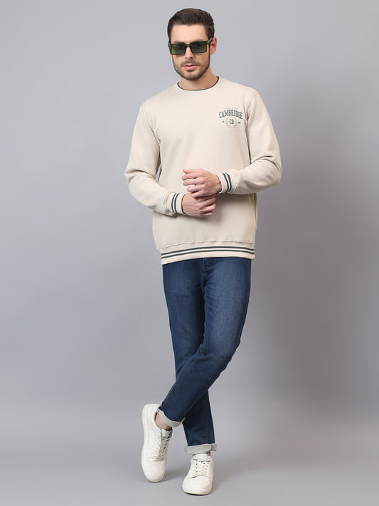Men's Cream Printed Round Neck Sweatshirt