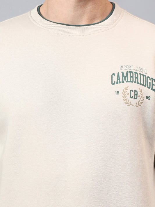Men's Cream Printed Round Neck Sweatshirt