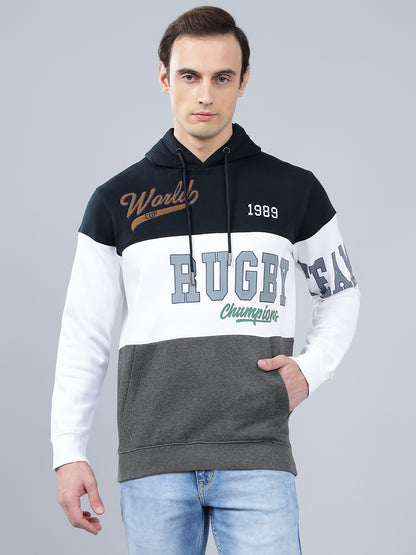 Men's Color Block Navy Blue Hoody Neck Sweatshirt