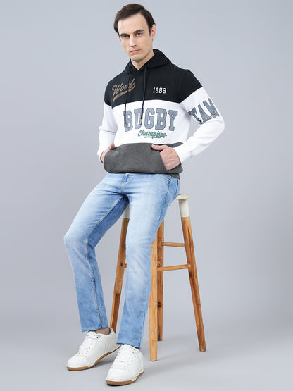 Men's Color Block Navy Blue Hoody Neck Sweatshirt