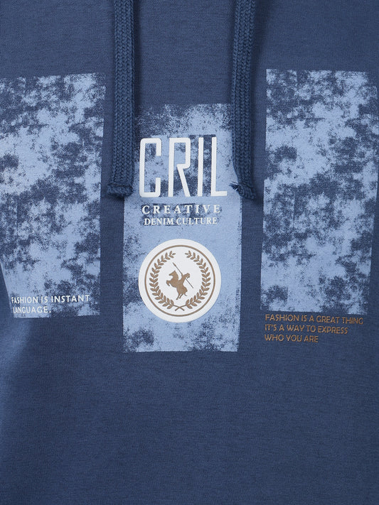 Men's Typography Printed Blue Hoody Neck Sweatshirt