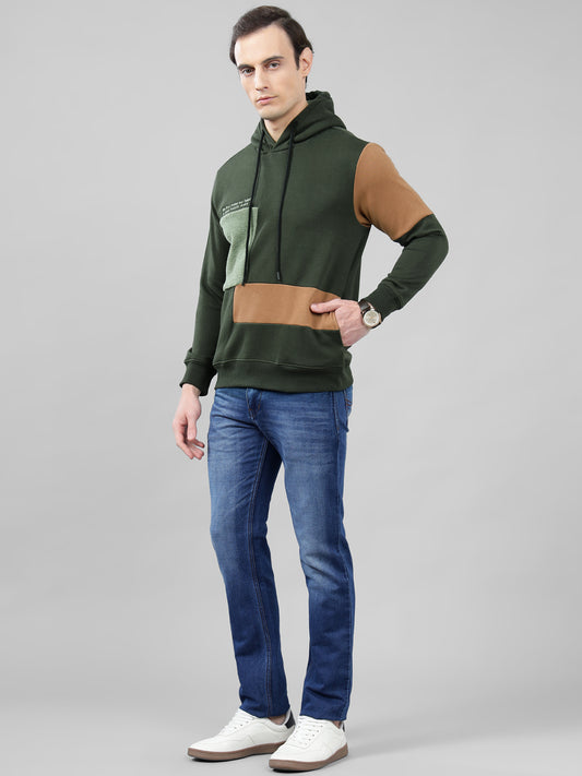 Men's Color Block Olive Green Hoody Neck Sweatshirt