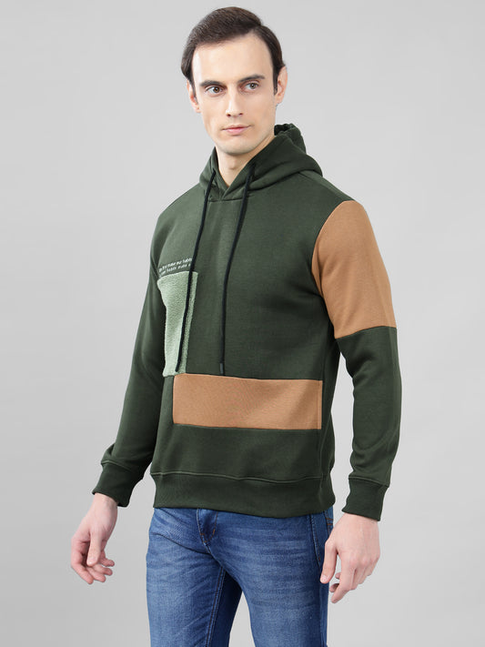 Men's Color Block Olive Green Hoody Neck Sweatshirt