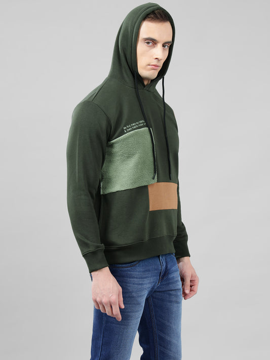 Men's Color Block Olive Green Hoody Neck Sweatshirt