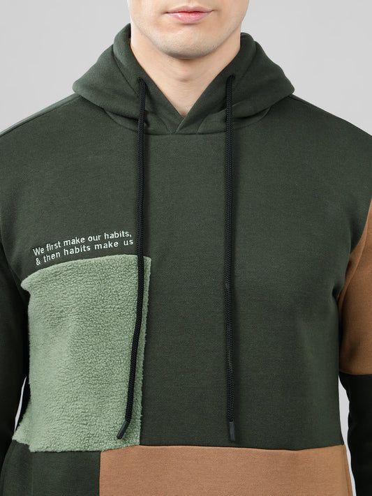 Men's Color Block Olive Green Hoody Neck Sweatshirt