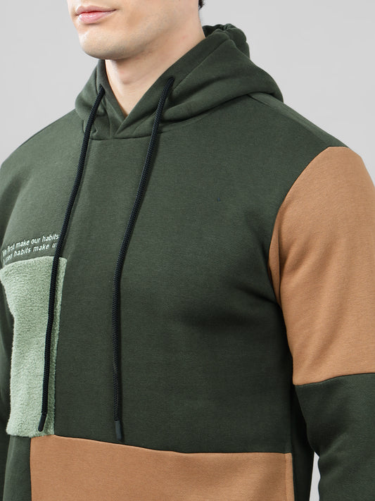 Men's Color Block Olive Green Hoody Neck Sweatshirt