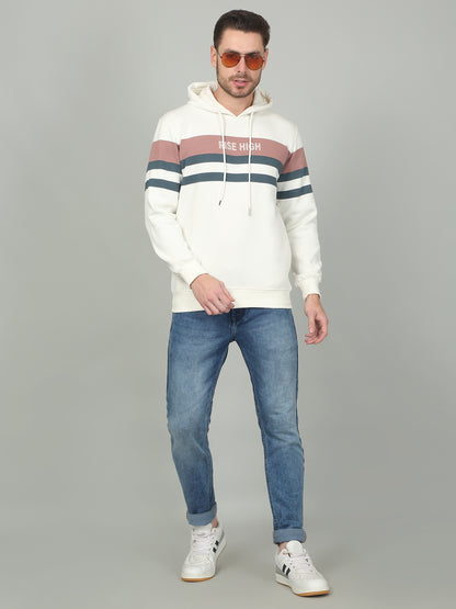 Men's Striped Ivory Hooded Neck Sweatshirt