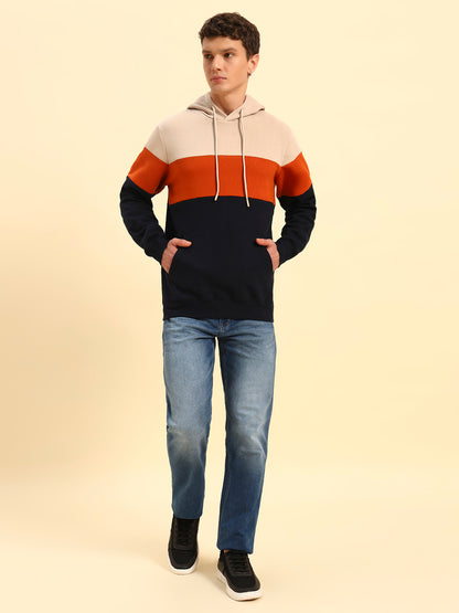 Sweatshirt for Men | Winter Wear Fleece Fabric Pull-On Closure Hooded Neck Regular Fit Colour Block Pattern