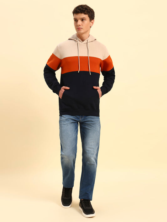 Sweatshirt for Men | Winter Wear Fleece Fabric Pull-On Closure Hooded Neck Regular Fit Colour Block Pattern
