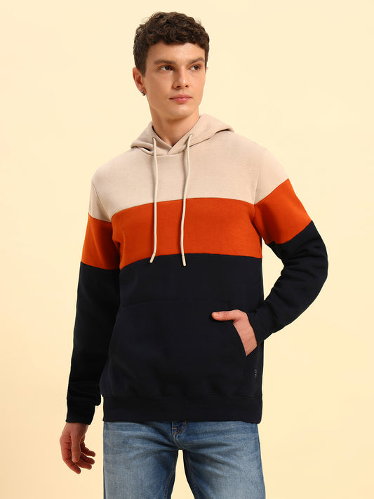 Sweatshirt for Men | Winter Wear Fleece Fabric Pull-On Closure Hooded Neck Regular Fit Colour Block Pattern