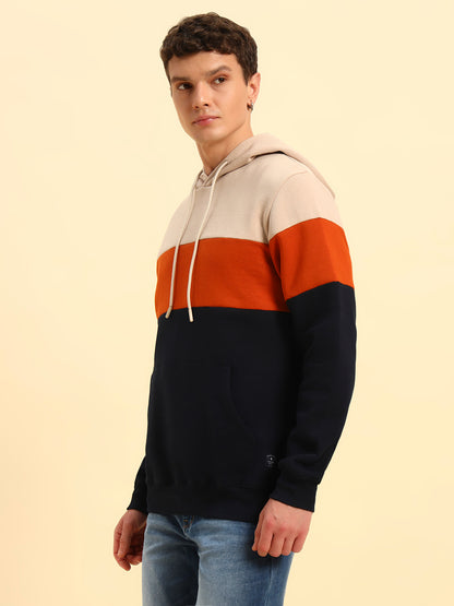 Sweatshirt for Men | Winter Wear Fleece Fabric Pull-On Closure Hooded Neck Regular Fit Colour Block Pattern