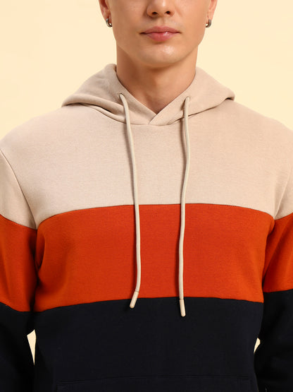 Sweatshirt for Men | Winter Wear Fleece Fabric Pull-On Closure Hooded Neck Regular Fit Colour Block Pattern