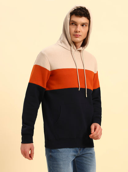 Sweatshirt for Men | Winter Wear Fleece Fabric Pull-On Closure Hooded Neck Regular Fit Colour Block Pattern