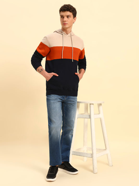 Sweatshirt for Men | Winter Wear Fleece Fabric Pull-On Closure Hooded Neck Regular Fit Colour Block Pattern