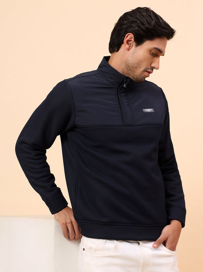 Sweatshirt for Men | Winter Wear Poly Cotton Fabric Zipper Closure Mock Neck Regular Fit Self Design Pattern