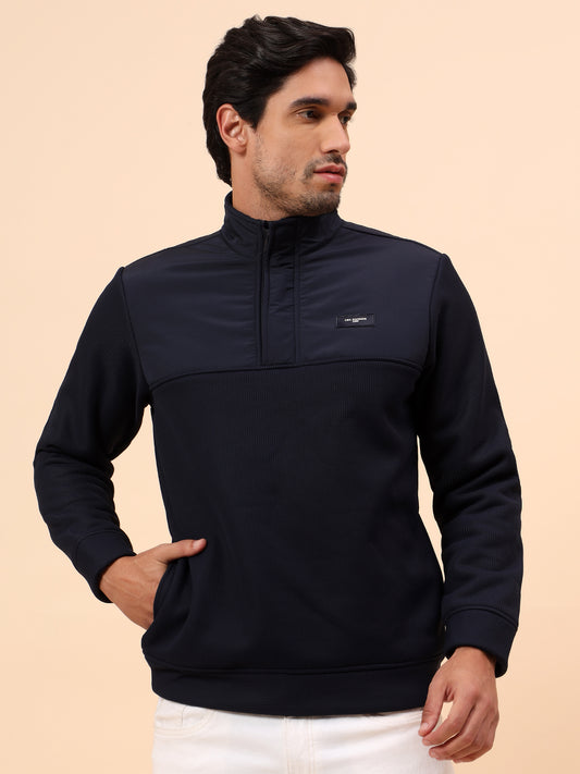 Sweatshirt for Men | Winter Wear Poly Cotton Fabric Zipper Closure Mock Neck Regular Fit Self Design Pattern