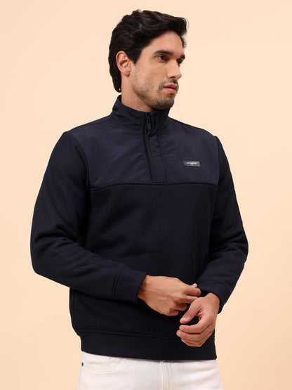 Sweatshirt for Men | Winter Wear Poly Cotton Fabric Zipper Closure Mock Neck Regular Fit Self Design Pattern