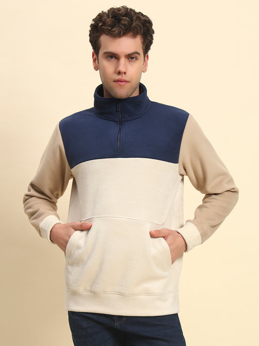 Sweatshirt for Men | Winter Wear Acrylic Fabric Zipper Closure Mock Neck Regular Fit Colour Block Pattern