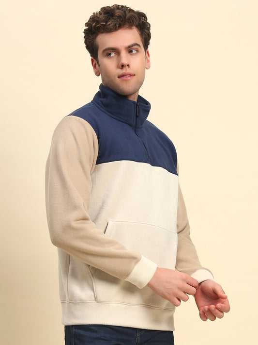 Sweatshirt for Men | Winter Wear Acrylic Fabric Zipper Closure Mock Neck Regular Fit Colour Block Pattern
