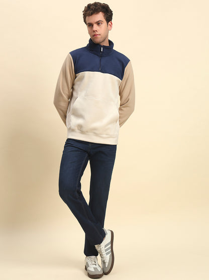 Sweatshirt for Men | Winter Wear Acrylic Fabric Zipper Closure Mock Neck Regular Fit Colour Block Pattern