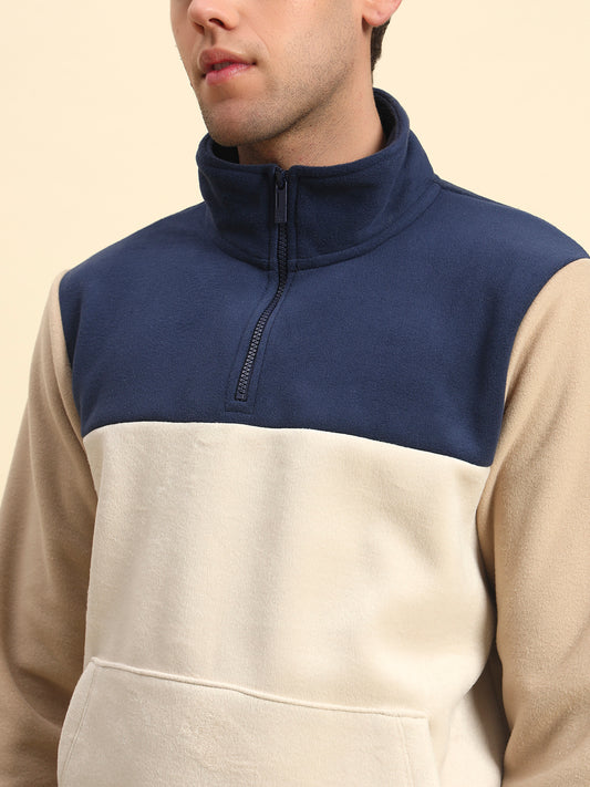 Sweatshirt for Men | Winter Wear Acrylic Fabric Zipper Closure Mock Neck Regular Fit Colour Block Pattern