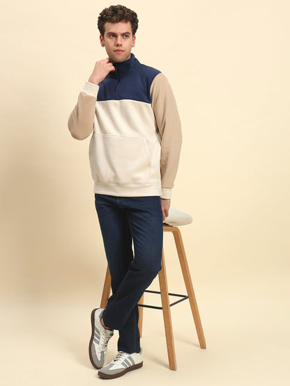Sweatshirt for Men | Winter Wear Acrylic Fabric Zipper Closure Mock Neck Regular Fit Colour Block Pattern