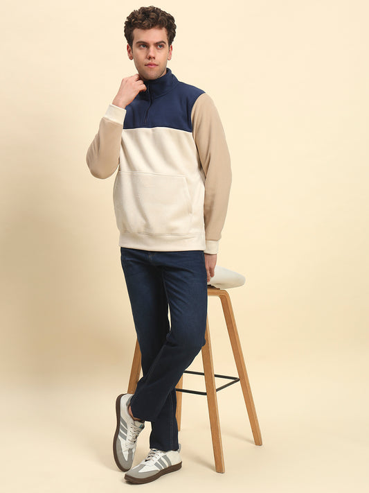 Sweatshirt for Men | Winter Wear Acrylic Fabric Zipper Closure Mock Neck Regular Fit Colour Block Pattern