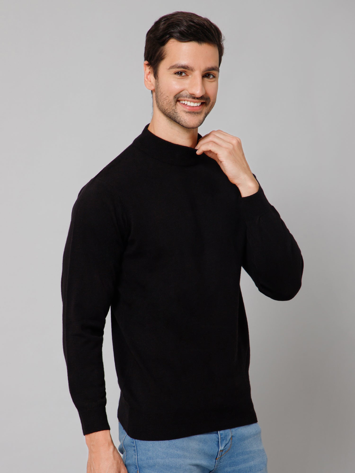 Jeans Black Casual Sweater Mens Solid Black Full Sleeves Round
