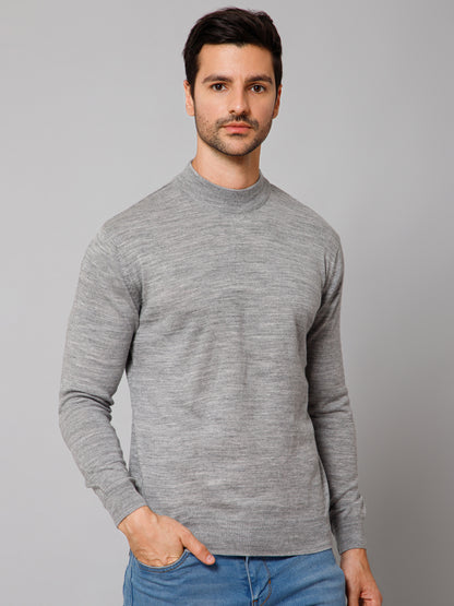 Solid Grey Full Sleeves Round Neck Regular Fit Casual Sweater for Men